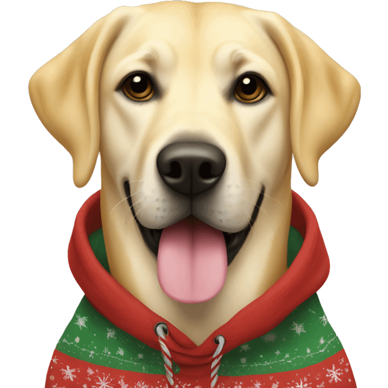 yellow lab with black mouth wearing a christmas hoodie emoji