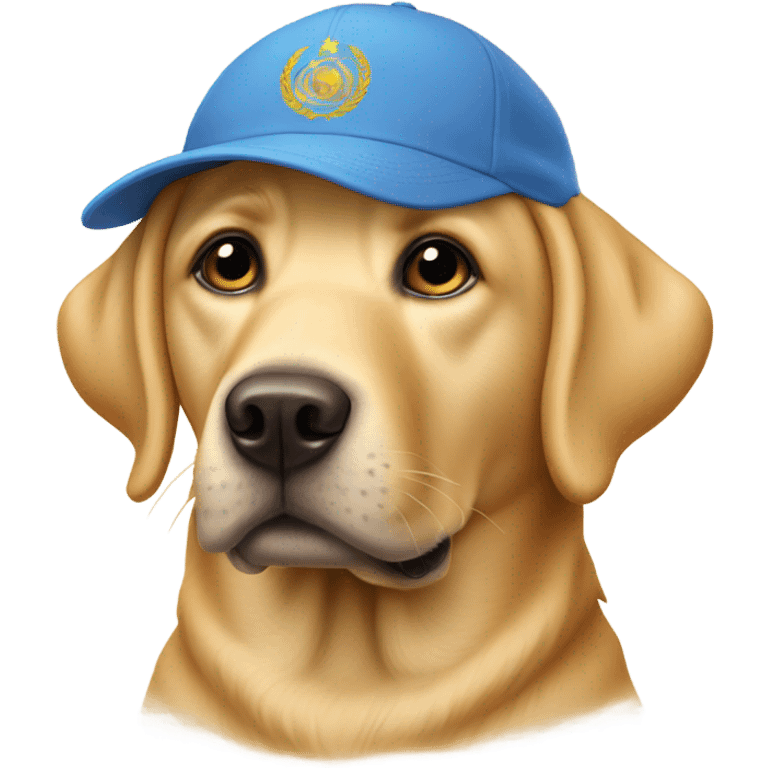 un perro labrador golden con un gorro emoji