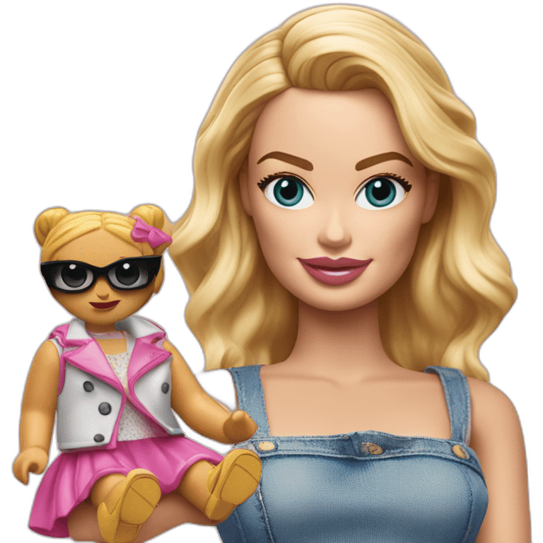 margot robbie avec une barbie dans  la main emoji