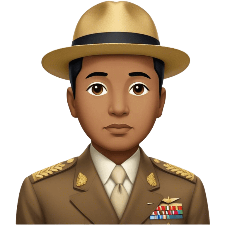 ​Cinematic Realistic Portrait of Sukarno, depicted in a lifelike, realistic style based on his iconic portrait, showcasing his thoughtful, charismatic expression in period attire, rendered with detailed textures and warm, evocative lighting that captures his pioneering spirit and national pride, emoji