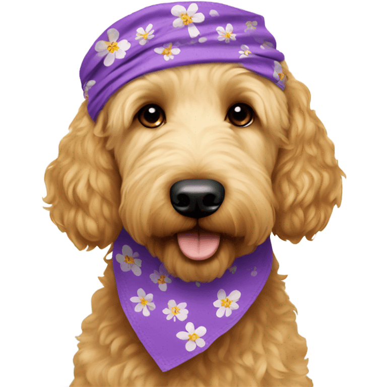 a golden doodle dog with a flower bandanna  emoji