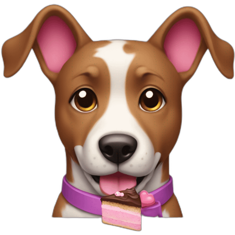 a purple dog with a brown nose and a pink collar with a bone eat cake emoji