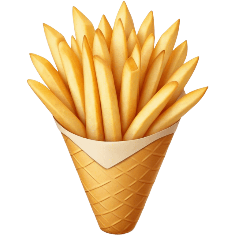 Cinematic Realistic Belgian Fries Dish Emoji, showcasing thick, crispy fries served in a paper cone rendered with detailed textures and golden, appetizing lighting. emoji