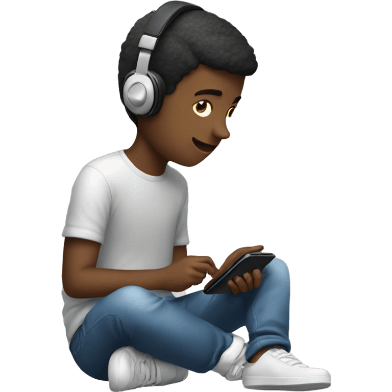 A boy playing game in mobile phone with plug headphones on ear emoji