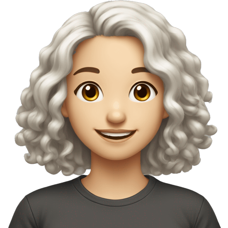 white cute smiling girl with black long curly hair and brown eyes in t shirt emoji