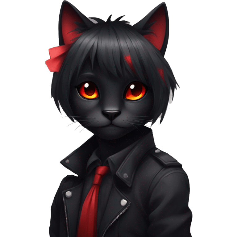 Anthro Edgy Cool Beautiful Black Cat-Fursona with Emo Hair-bangs with Red Streaks emoji