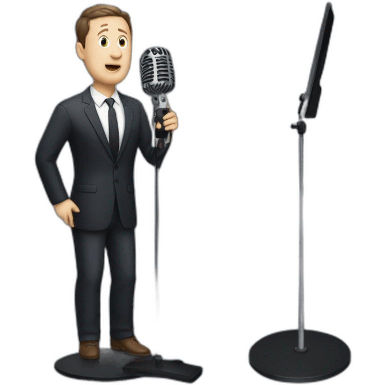 tim robinson in suit singing into microphone stand holding stand (full body, ios17, somber) emoji