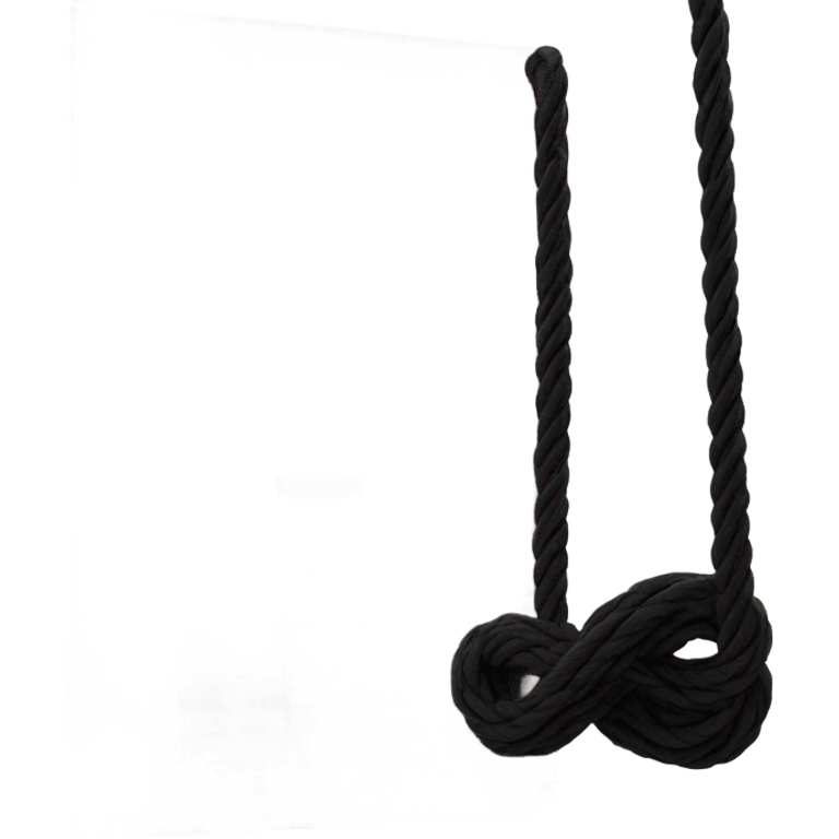 black rope swing hanging from a door with black rope and the seat is also made up of rope in an infinity sign  emoji