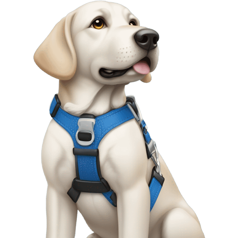 Black guide dog wearing a blue collar and a brown and white harness emoji