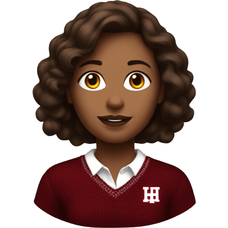 Girl with tannish white skin and brown hair wearing a dark red and white sweater with the Harvard University logo on it emoji