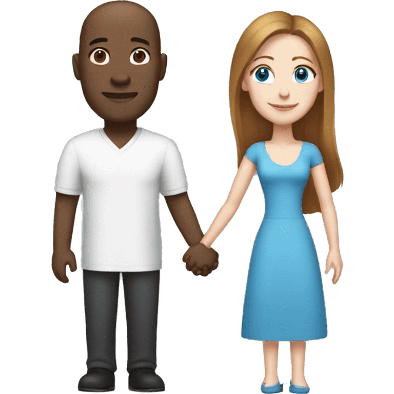 Tall bald black man holding hands with a white woman with long brown-hair and blue eyes emoji