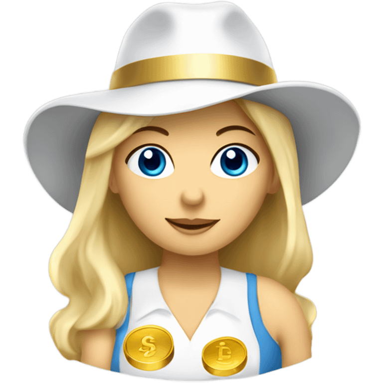 Create a Blonde blue eyed femalengel wearing a white hat holding a bucket of gold coins  emoji