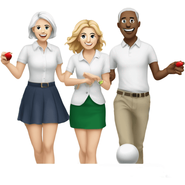 Create an image on white friends two male and two female all white playing ground shuffleboard with tangs in hand celebrating Christmas  emoji