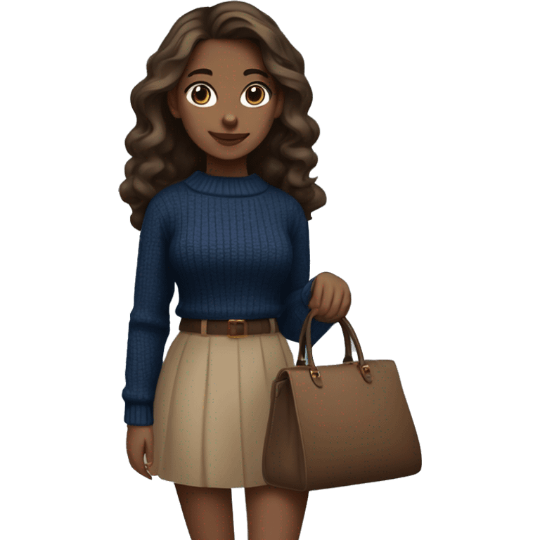 A girl wearing dark blue sweater with beautiful brown eyes beige skin and brown hair long and wavy, and she is wearing a black skirt and holding a blue dark bag classy emoji