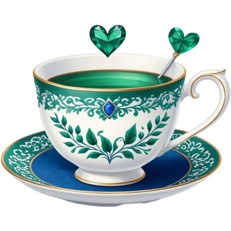 A delicate teacup with an intricate vintage emerald green floral design, set beside a love letter with deep blue ink. emoji