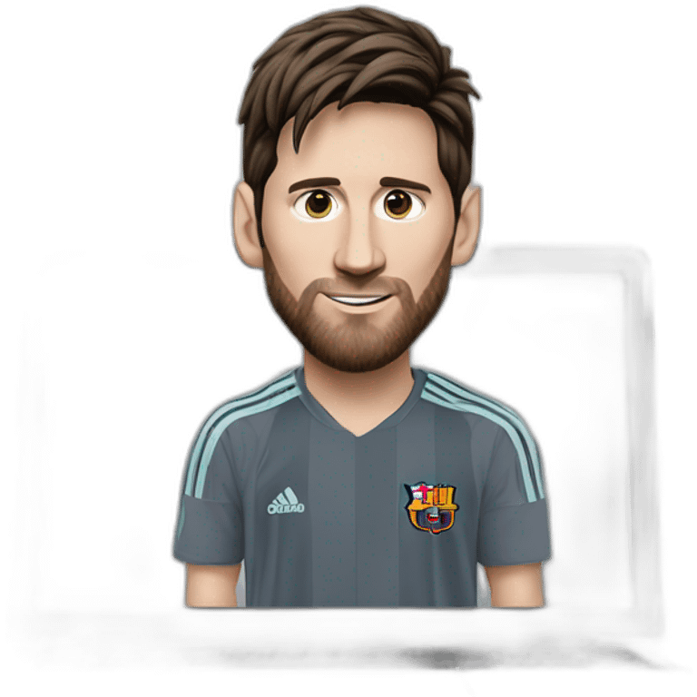 I want you to make a super realistic emoji of Messi while he is using a gray laptop, showing the laptop lid and Messi's face on top. It doesn't have to have a keyboard. emoji