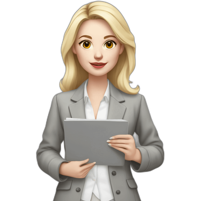 pale skin woman interior designer with cold blonde straight middle length hair, White blouse, Gray oversize jacket, Gray skirt holding a color palette in the hands emoji