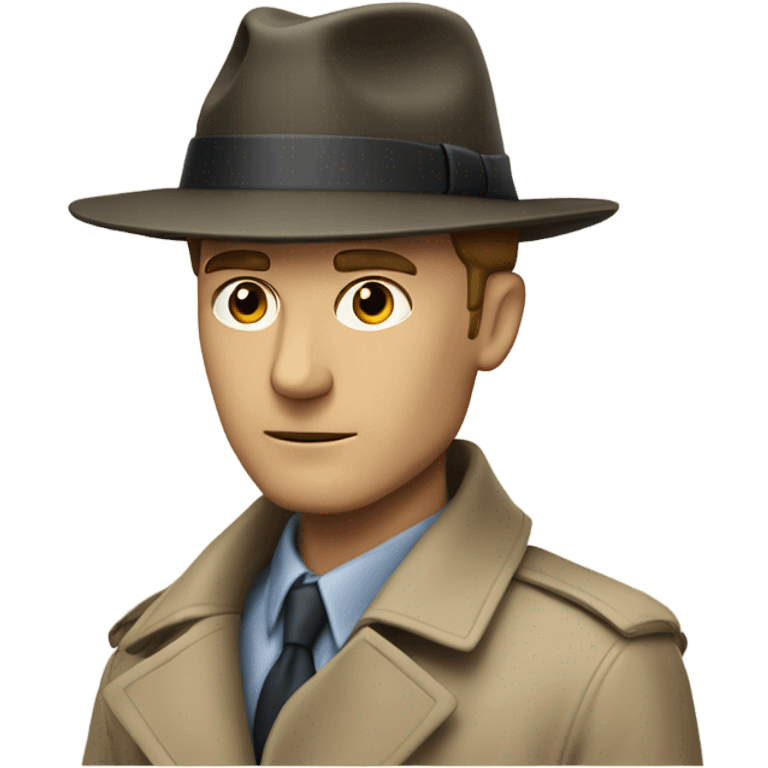 White guy in a trenchcoat wearing a fedora investigating emoji