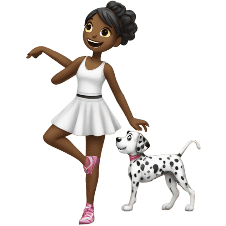 a girl in a dance studio dancing alone with her dalmation  emoji