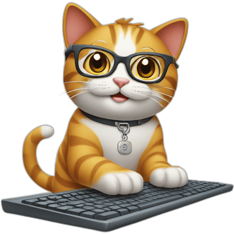 smart happy cat with glasses writing on computer keyboard emoji