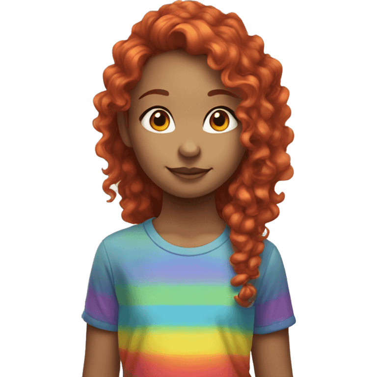 a girl with long red curly hair in a pony tail with rainbow shirt emoji