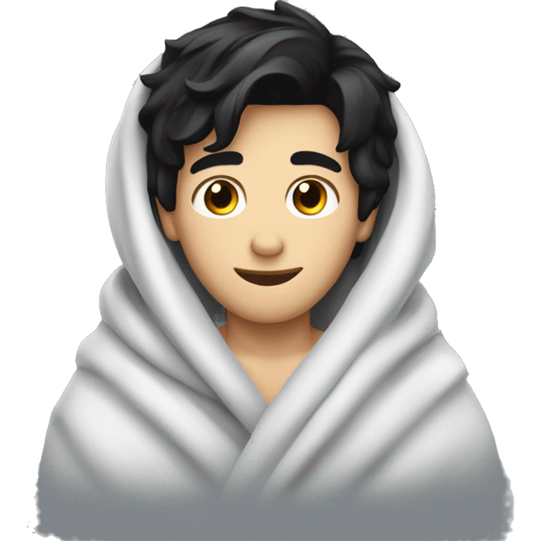 white boy with black hair in a blanket happy emoji