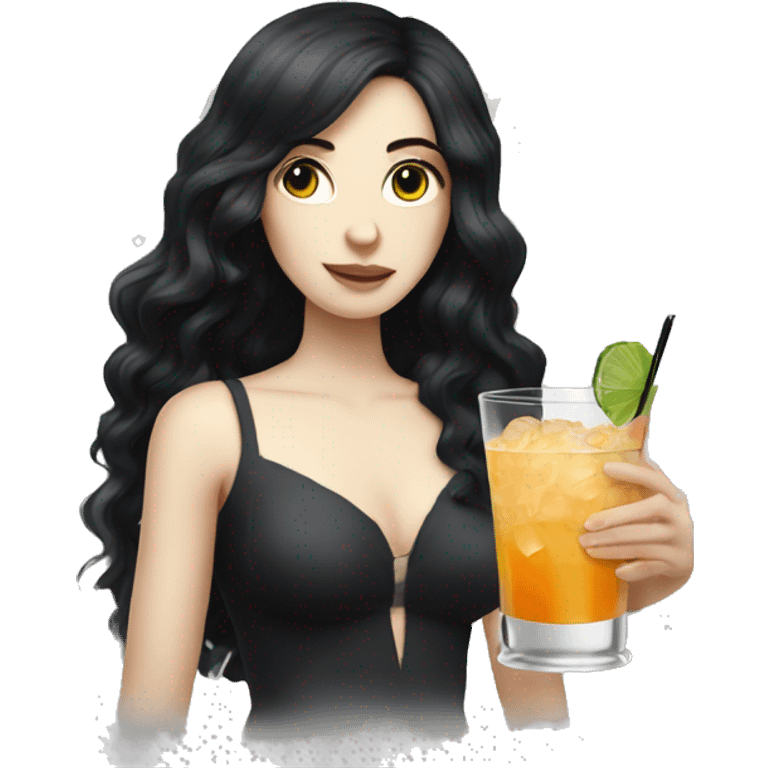 Pale girl with long black hair with chest holding cocktail emoji