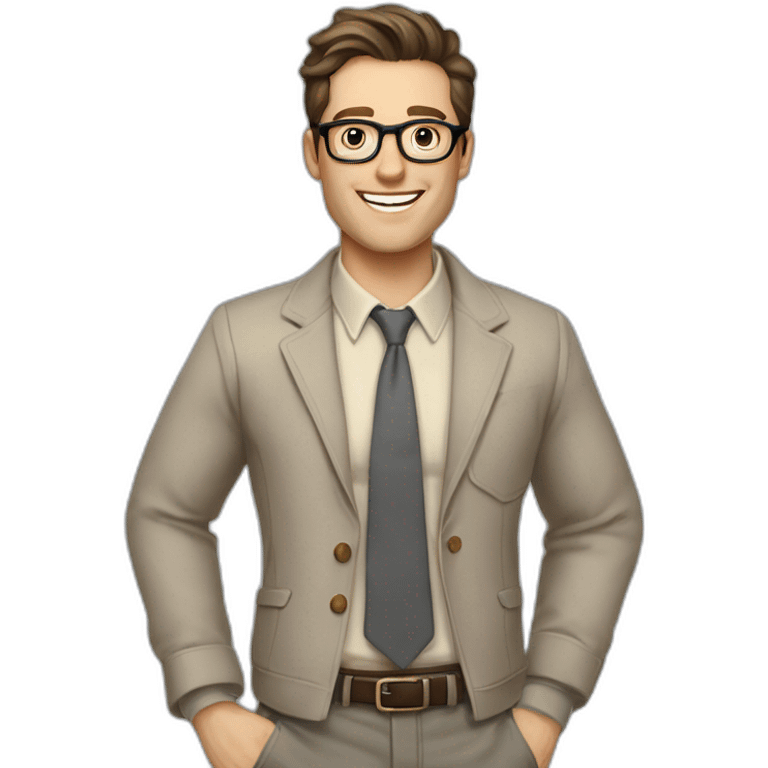 Joyful Pale skinned Fit Man With dark brown hair in gray jacket, beige office shirt, Brown pants and vintage glasses. His thrumbs up emoji