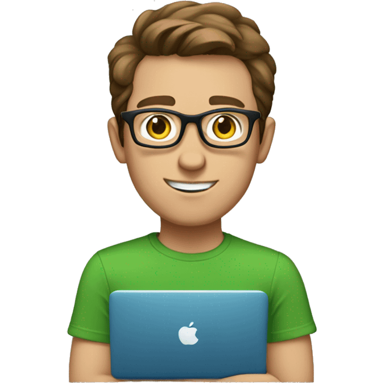 white young man with blue eyes and brown hair and square glasses wearing green t-shirt with laptop emoji