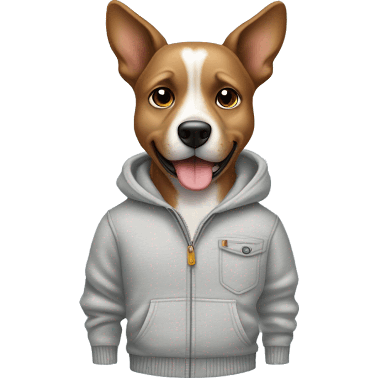 The dog is dressed in casual clothing, including a light gray sweater, light blue jeans, and white sneakers with brown soles. hands tucked into its pants’ pockets,. upward.confidence or a relaxed attitude, with one eyebrow slightly raised. emoji