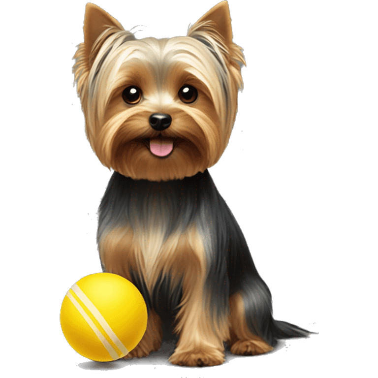 a Yorkshire terrier playing with a little yellow ball emoji