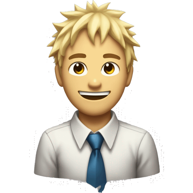 Denji with his blond hair in a shaggy style, brown eyes, with his shark teeth, is smiling evil and with a shirt with a tie from chainsawman emoji