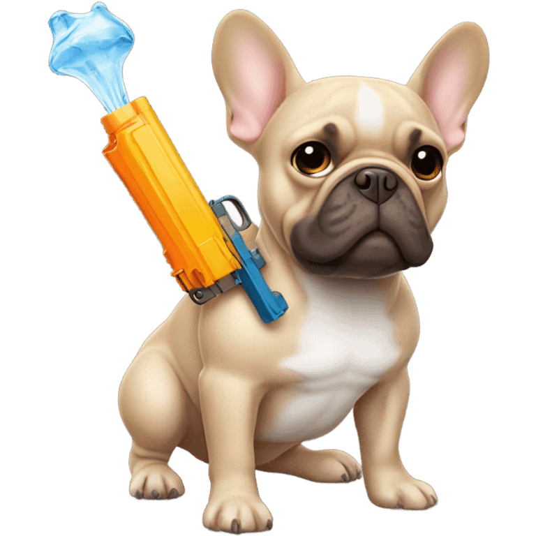 brown french bulldog holding  a water pistol emoji