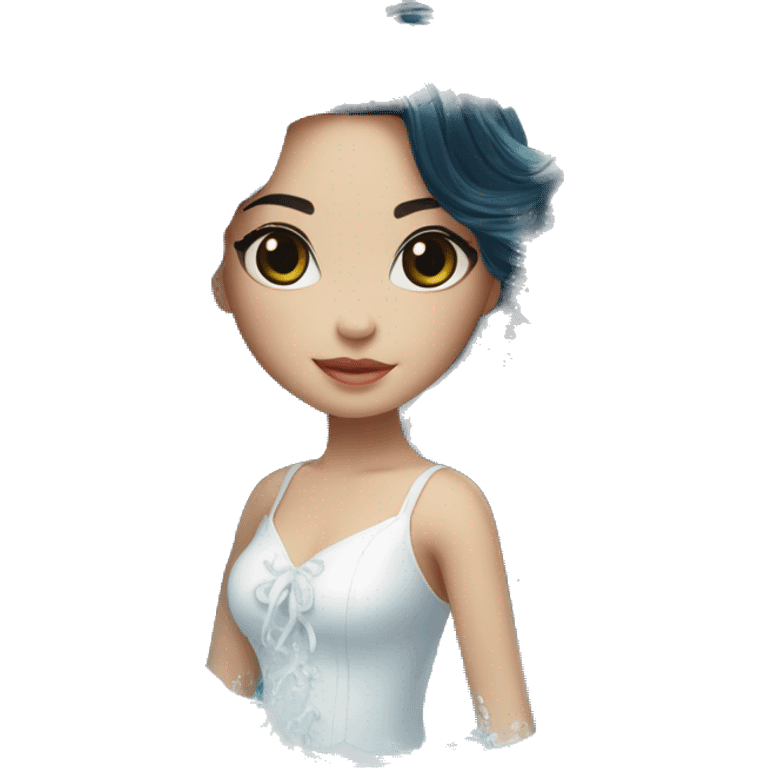 Pretty young Lady doll posing posed pose with long black hair flowers in hair white dress surrounded by flowing water water swirls waves emoji