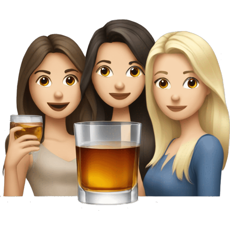 Three girls - brunette, blonde, brunette, drinking whiskey with ice in a square glass emoji