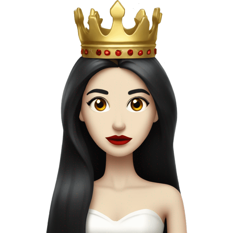 Queen with pale skin, long black hair, bright red lips, skinny gold crown, white dress, and evil stare.  emoji