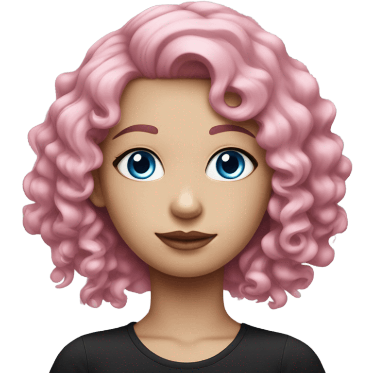 Curly pink haired pale girl with blue eyes and pink eyebrows wearing black emoji