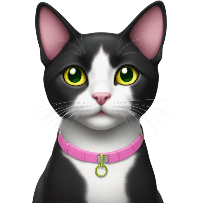 full body black shorthair cat with pink ears on the inside and eyes that are green around the pupil and yellow around the green collar emoji