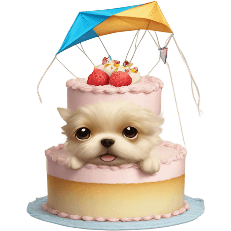 cake with a kite and a small pomchi dog  emoji