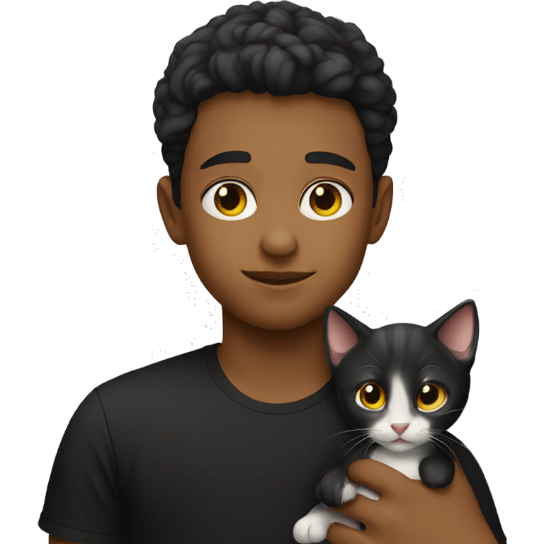 boy in black shirts with heirless kitten emoji