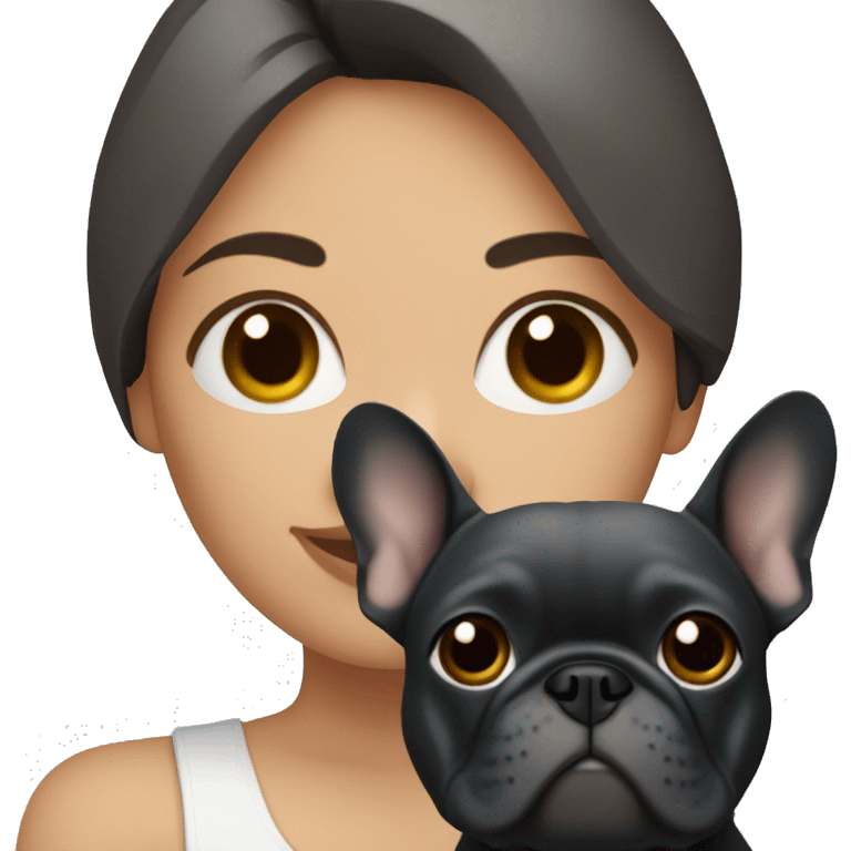 brunette woman holding dark grey French bulldog  emoji