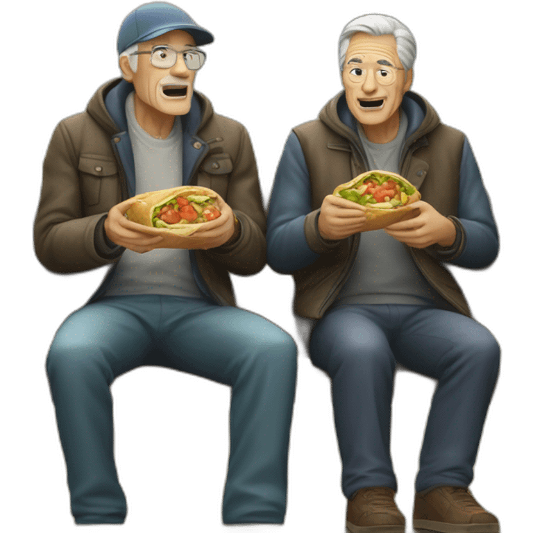 two old men eating shawarma on a bench on a park emoji