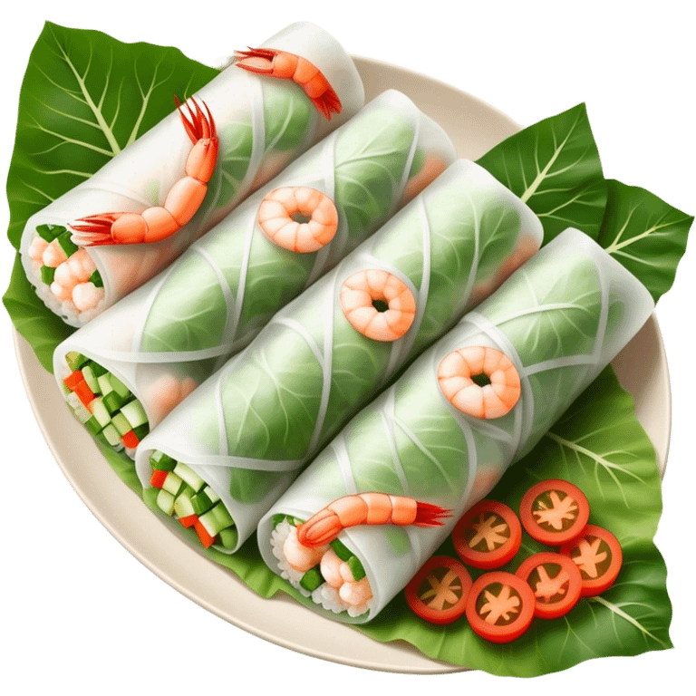 Cinematic Realistic Vietnamese Summer Rolls Dish Emoji, depicted with delicate rice paper wraps filled with fresh vegetables and shrimp rendered with crisp textures and refreshing lighting. emoji