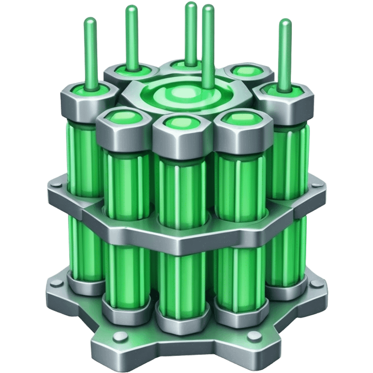 A bundle of uranium fuel rods used in a nuclear reactor, with a metallic structure and cylindrical rods, arranged in a hexagonal grid, futuristic and industrial style emoji