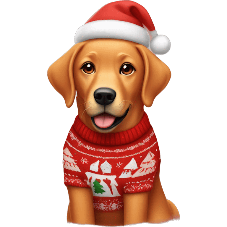 Fox red Labrador wearing Christmas jumper and hat emoji