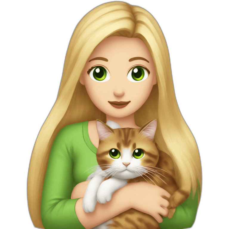 woman with green eyes and long straight blonde hair and big boobs is holding a very fluffy and fat tortoiseshell cat emoji