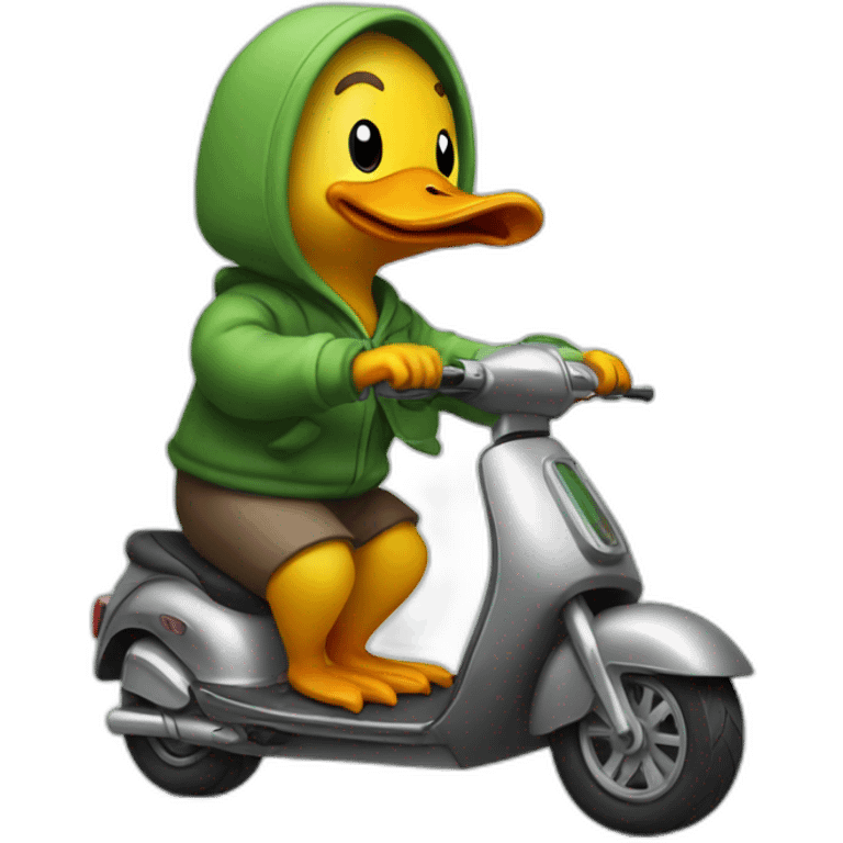 Duck riding scooter wearing a hoodie emoji