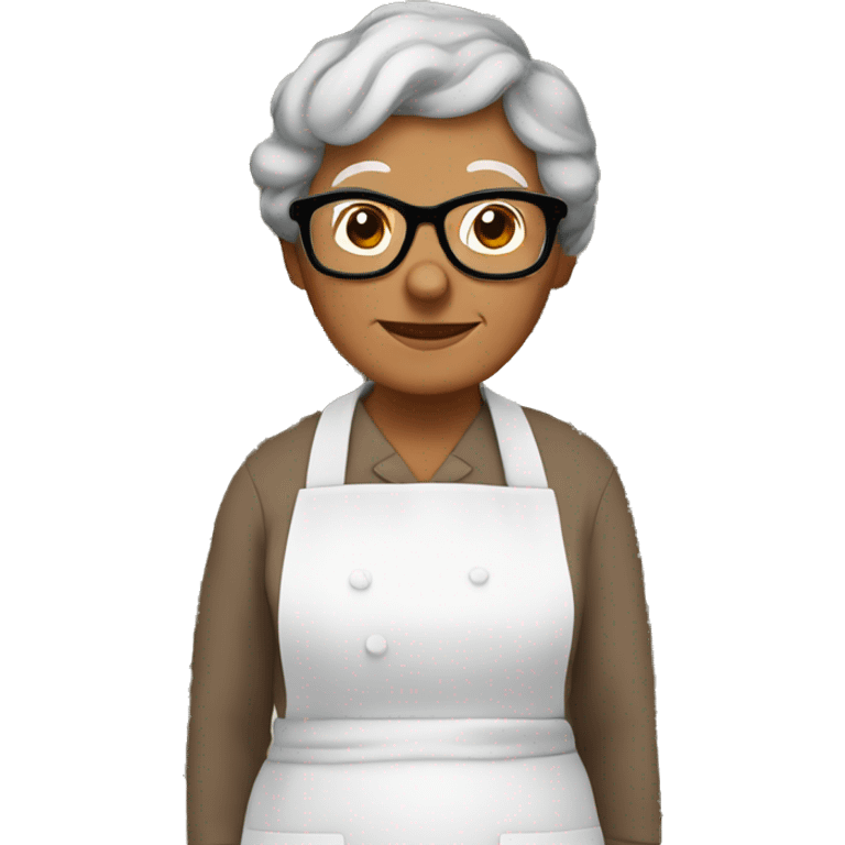 Little brown grandma with glasses in cooking apron with flowers emoji