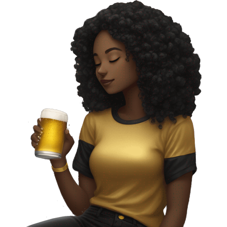 Girl wearing black and gold sat on a nebula galaxy drinking beer surrounded by golden stars and planets emoji