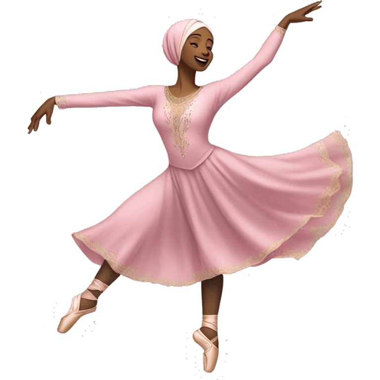 A hijabi ballet dancer emoji, mid-pose in an arabesque, wearing a flowing ballet dress and matching hijab, with delicate ballet slippers, vibrant colors, and intricate details on a transparent background.







 emoji